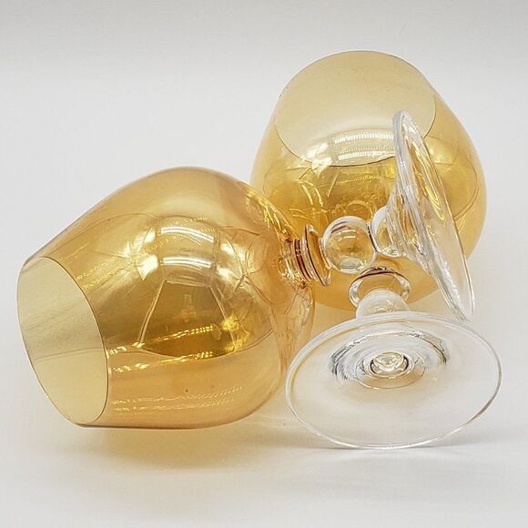 Set of 2 Iridescent Amber Glass 6" Brandy Snifters - Picture 2 of 10